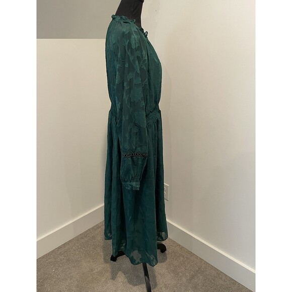 Emerald Green Floral Burnout Midi Dress Long Sleeve Smocked Waist - Picture 4 of 6